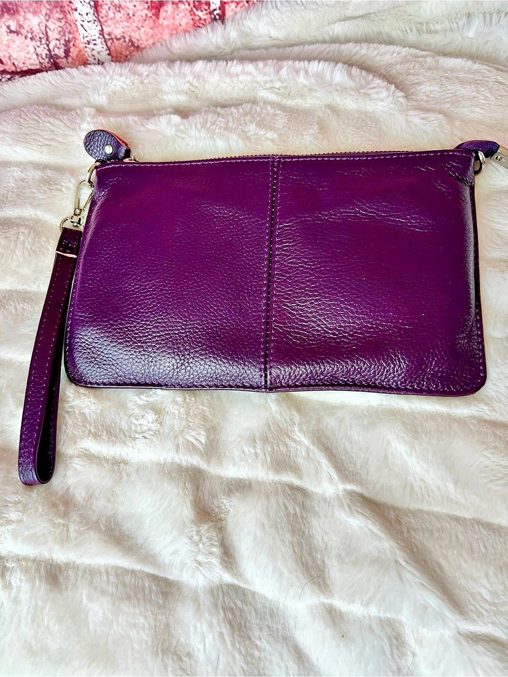 Befen Purple Pebbled Genuine Leather Wristlet Wallet Clutch Bag